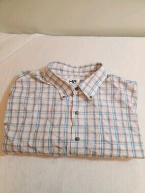Harbor Bay Shirt Mens 2XLT 2XL Tall White Blue Plaid Short Sleeve Preppy
